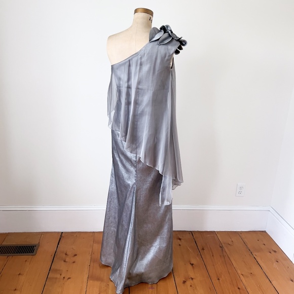 Jessica McClintock Silver Beaded Taffeta Mermaid Maxi Dress Size 12 Fairy - Picture 7 of 16